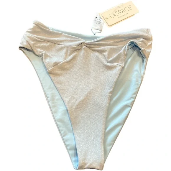 NWT l*space Shimmer Nancy Lee Bikini Bottom Bitsy Pale Blue High Waist Crossover - Picture 3 of 11